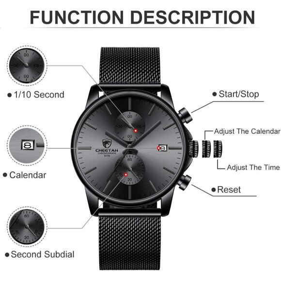 ⚡Black Men’s Watch Fashion Sport Quartz Analog Mesh Stainless Steel Waterproof - Picture 3 of 7